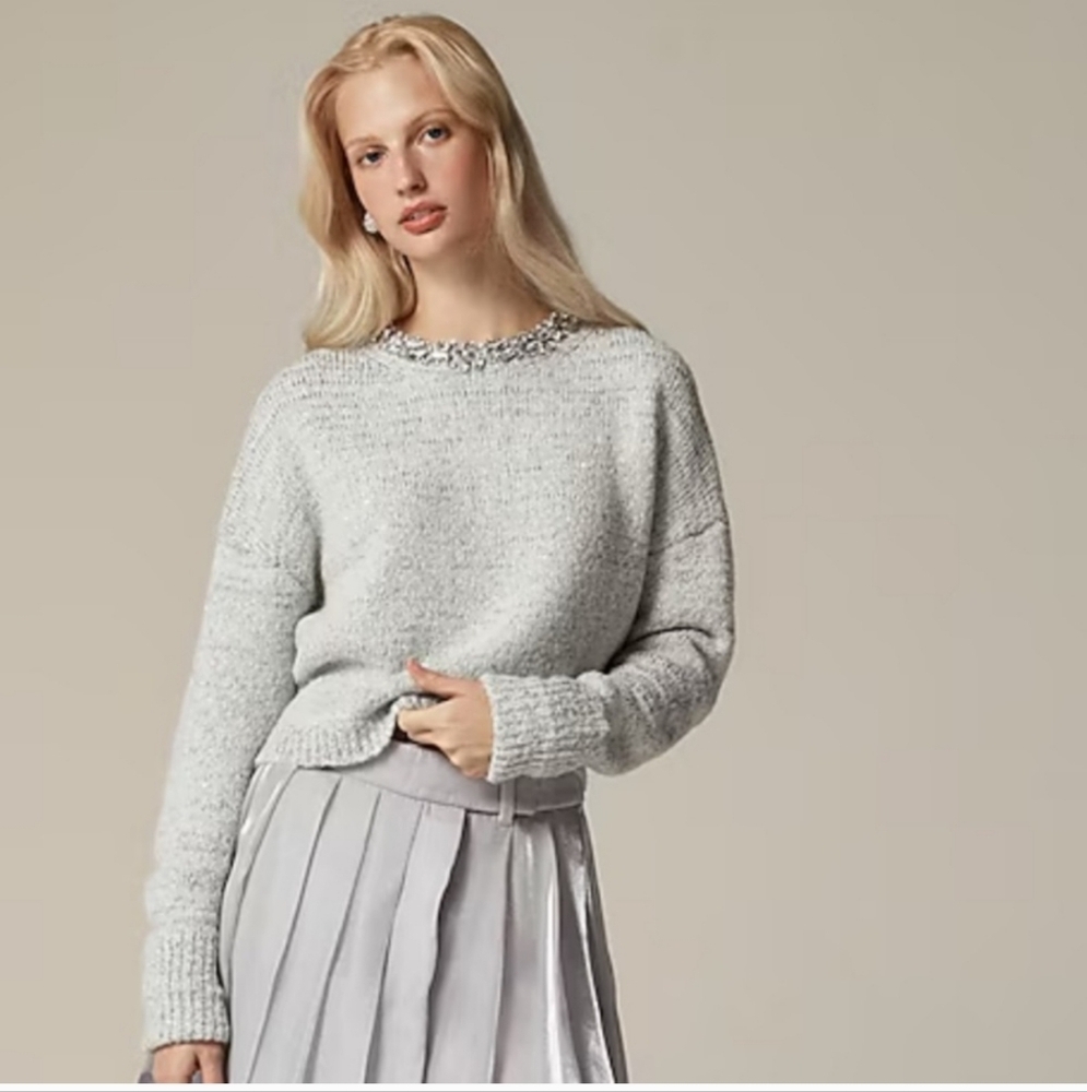 J Crew Embellished pullover Rhinestone Collar sweater XL Grey CE731